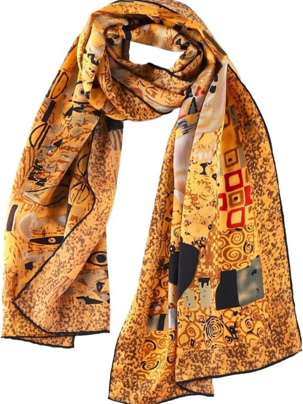 Elegant Long Charmeuse Silk Scarf with Classic Art Print - Luxury Accessory